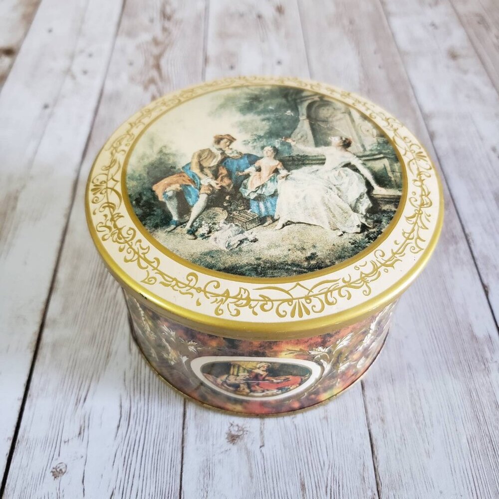 French Style Metal Chocolate Box Cookie Tin Round Can w Lid Bougie Family Scene